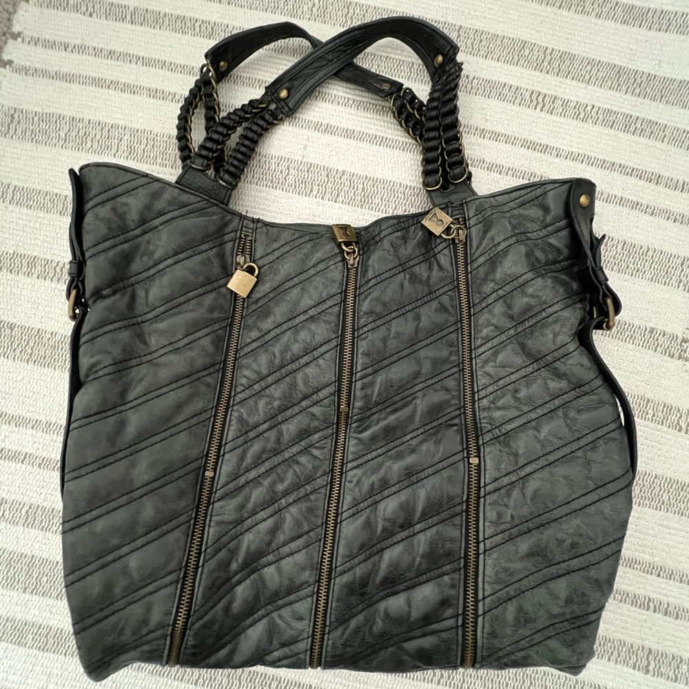 Betsey Johnson Dark Gray Leather Quilted Zippered Purse.